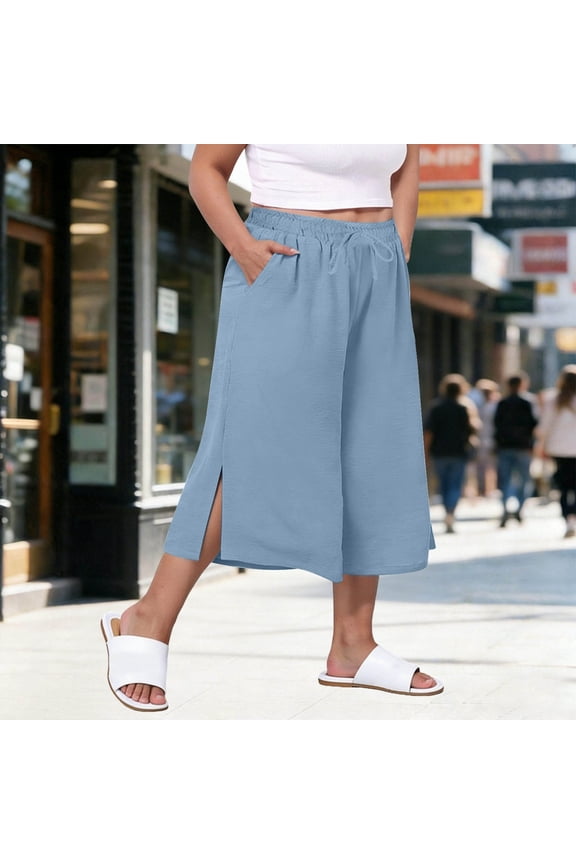 Women's Wide Leg Culottes Side Slit Cropped Pants Cotton Linen Summer Beach Trousers Casual Loose Fit Comfortable Breathable Fashion Vacation Slacks