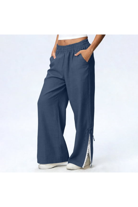 Women's Wide Leg Linen Pants Lace Trim Split Hem Side Tie Trousers Elastic High Waist Pockets Summer Beach Vacation Flowy Lightweight Breathable Slacks