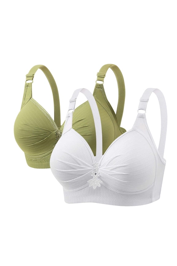 2-Pack Wireless Support Bras for Women Multi-Pack Full Coverage Ruched Design Bralettes with Flower Charm Adjustable Straps Comfortable Everyday Seamless Bra