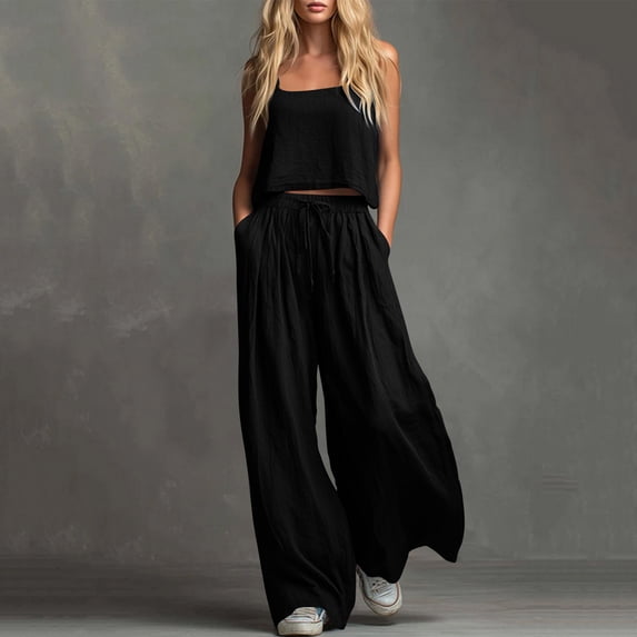 Xdegoge 2 Piece Flowy Outfit for Women Sleeveless Cami Top and Wide Leg Pants Set Casual Summer Beach Vacation Matching Suit