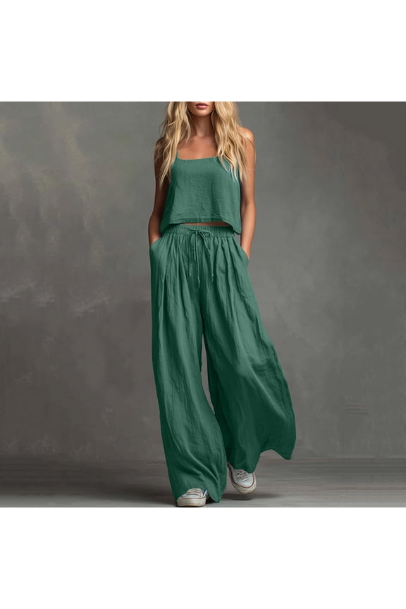 2 Piece Flowy Outfit for Women Sleeveless Cami Top and Wide Leg Pants Set Casual Summer Beach Vacation Matching Suit