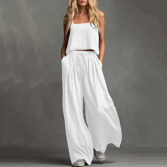 Xdegoge 2 Piece Flowy Outfit for Women Sleeveless Cami Top and Wide Leg Pants Set Casual Summer Beach Vacation Matching Suit