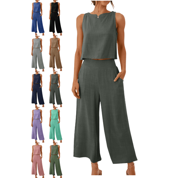 Xdegoge 2 Piece Linen Pants Sets for Women Summer Lounge Outfits Sleeveless Crop Tops High Waisted Loose Wide Leg Pants Ladies Fashion Vacation Matching Clothes Fit Travel Street Party
