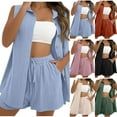 thumbnail image 1 of Xdegoge 2 Piece Linen Sets for Women 3/4 Sleeve Lapel Button Down Shirt Drawstring Shorts Sets Summer Outfits Loose Shorts Set with Pockets Plus Size Lounge Matching Set Outfits Set Mujer Dos Piezas, 1 of 6