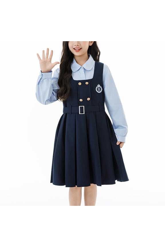 2 Piece Outfits for Girls Long Sleeve Lapel Shirt and High Waisted Suspender Dress Cute School Uniform Outfits Casual Preppy Style Sets Size 5-14