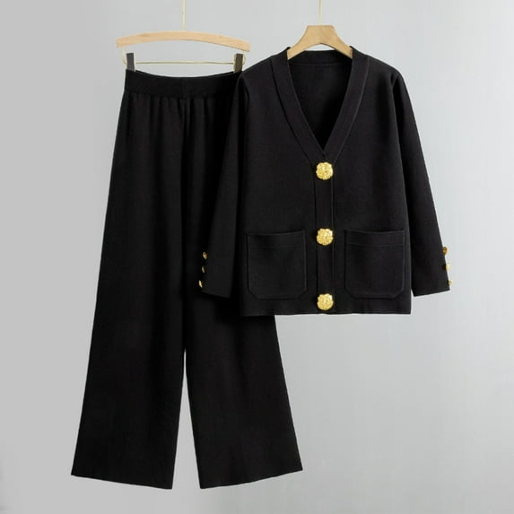 Xdegoge 2 Piece Outfits Sweater Sets for Women Knit Fashion Matching Clothes V-Neck Button Down Cardigan Long Sleeve Comfy Outerwear with Pockets High Waisted Wide Leg Lounge Pants Fit Daily Casaul