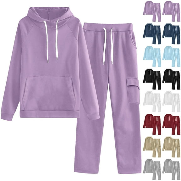 Xdegoge 2 Piece Sets for Women Lounge Outfits Raglan Long Sleeve Hooded Sweatshirt Loose Cozy Drawstring Hoodie High Waist Casual Loose Sweatpants Wide Leg Pants 2025 Classic Tracksuit Sweatsuit