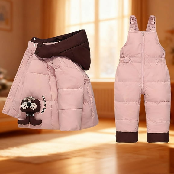 Xdegoge 2 Piece Snow Suits for Kids Boys Girls Furry Collar Hooded Cute Winter Down Coat Waterproof Windproof Ski Pants Overalls Bibs Color Block Warm Snowsuits Set 9 Months