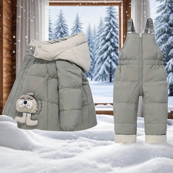 Xdegoge 2 Piece Snow Suits for Kids Boys Girls Furry Collar Hooded Cute Winter Down Coat Waterproof Windproof Ski Pants Overalls Bibs Color Block Warm Snowsuits Set 9 Months