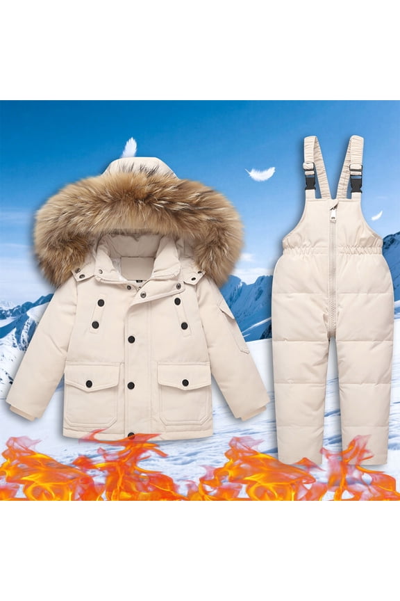 2 Piece Snowsuits for Girls Boys Zipper Thicken Hooded Kids Winter Coat Waterproof Windproof Adjustable Strap Snow Bibs Overalls Cold Weather Outdoor Warm Ski Suits Sets 1 Years