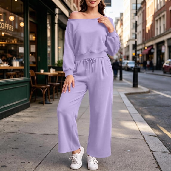 Xdegoge 2 Piece Sweatsuits for Women Off Shoulder Long Sleeve Pullover Sweatshirt and High Waisted Wide Leg Drawstring Sweatpants Casual Lounge Fall Set with Pockets