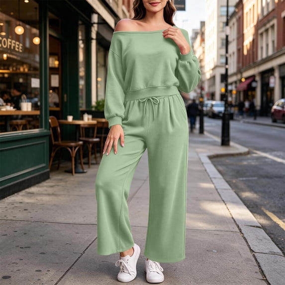 Xdegoge 2 Piece Sweatsuits for Women Off Shoulder Long Sleeve Pullover Sweatshirt and High Waisted Wide Leg Drawstring Sweatpants Casual Lounge Fall Set with Pockets
