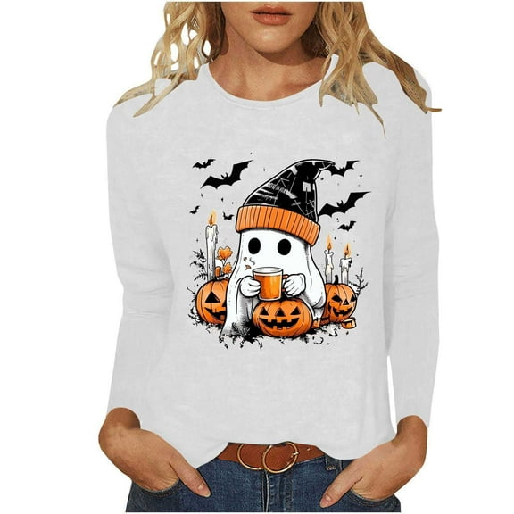 Xdegoge 2025 Halloween Sweatshirt for Women Long Sleeve Crewneck Pullover Tops Cute Ghost Pumpkin Loose Breathable Blouse Fall Family Friend Party Funny Shirts Festival Loungewear