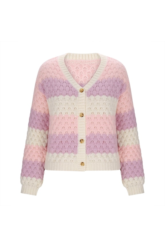 Xdegoge 2025 Women Chunky Cardigan Sweaters V Neck Button Up Ribbed Fall Winter Trendy Color Block Fuzzy Knit Long Sleeve V Neck Cropped Knit Sweater Coats Plus Size Clothes Pink S