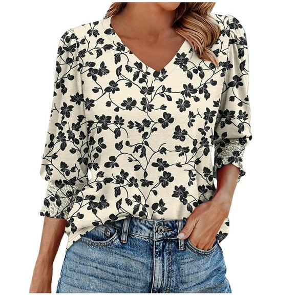 Xdegoge 3/4 Sleeve Shirts for Women V Neck Summer T Shirts Dressy Casual Floral Print Blouses Tunic Loose Fit Tee Shirts Fashion Y2K Streetwear Outfits Ofertas En