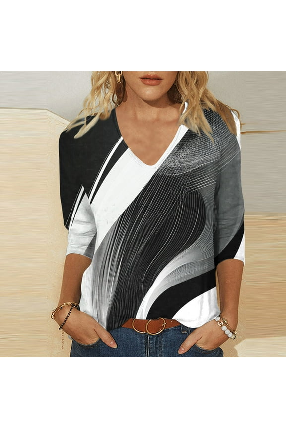 3/4 Sleeve T Shirts for Women Trendy Crew Neck Dressy Casual Shirts Womens Summer Topsgoing Out Beach Tee Shirt Black M Womens Clothing ofertas De Hoy En