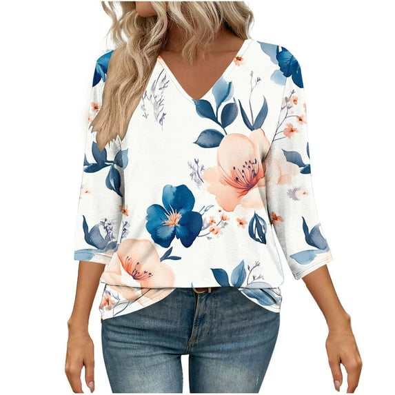 Xdegoge 3/4 Sleeve T Shirts for Women Trendy V Neck Dressy Casual Shirts Womens Summer Tops going Out Beach Tee Shirt Multicolor L Clearance Womens Clothing ofertas Del Dia De Hoy Relampago