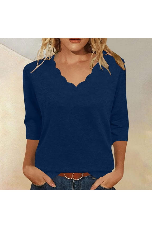 3/4 Sleeve T Shirts for Women Scalloped V Neck Tunic Loose Fit Trendy Tees Soft Comfy Casual Solid Basic Summer Vacation Tops