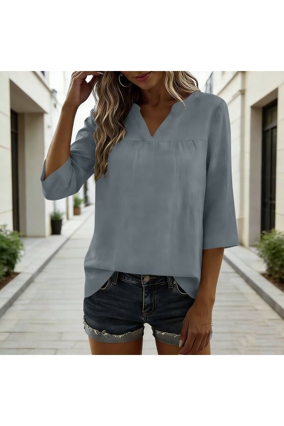 3/4 Sleeve Tunic Tops for Women Cotton Linen Split V Neck Blouses Pleated Flowy Lightweight Breathable Casual Summer Daily Shirts Loose Fit Tops to Wear with Leggings