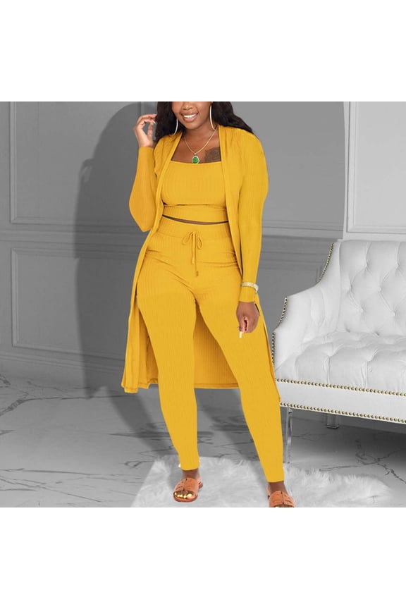 3 Piece Outfits for Women Matching Sets Ribbed Knit Lounge Sets, Cropped Tank Tops, Long Cardigans and Drawstring Pants, Stretch Casual Comfy Loungewear Clothes