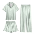 thumbnail image 1 of Xdegoge 3 Piece Pajama Set for Women Silky Button Down Outfit Short Sleeve Ruffle Trim Satin Pajamas Sets Notched Collar Open Front Top, Shorts and Long Pants Comfy Homewear, 1 of 9