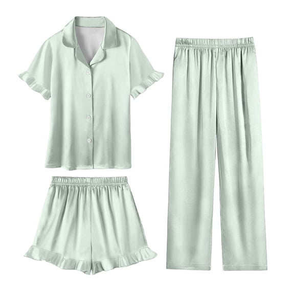 Xdegoge 3 Piece Pajama Set for Women Silky Button Down Outfit Short Sleeve Ruffle Trim Satin Pajamas Sets Notched Collar Open Front Top, Shorts and Long Pants Comfy Homewear