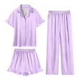 thumbnail image 1 of Xdegoge 3 Piece Pajama Set for Women Silky Button Down Outfit Short Sleeve Ruffle Trim Satin Pajamas Sets Notched Collar Open Front Top, Shorts and Long Pants Comfy Homewear, 1 of 9