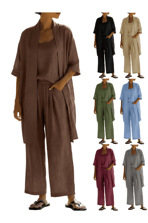 3 Piece Sets for Women Linen Short Sleeve Matching Set Long Cardigan, Tank Tops and Wide Leg Pants Elegant Summer Lounge Breathable Outfits