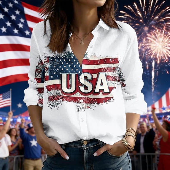 Xdegoge 4Th of July Patriotic Button Down Shirt for Women USA American Flag Long Sleeve Collared Stars and Stripes Fireworks Graphic Relaxed Fit Summer Tops Independence Day Celebration Outfits