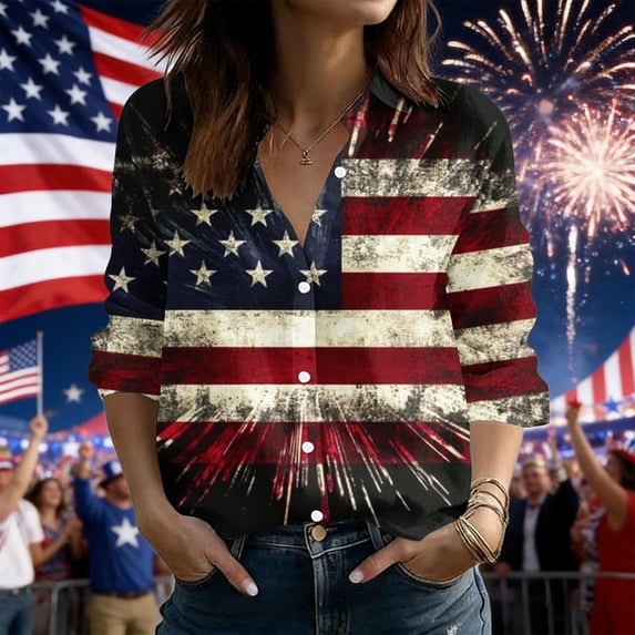 Xdegoge 4Th Of July Shirts Women Stand Collar Button Down Henley American Flag Patriotic Blouses Casual Independence Day Soft Comfy Shirt