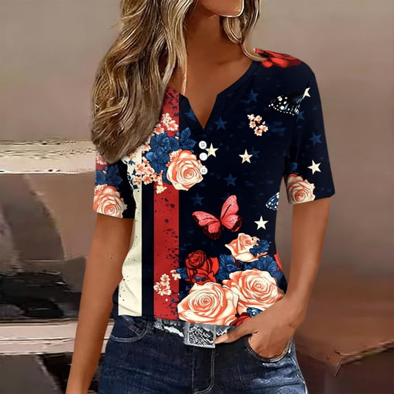 Xdegoge 4Th of July Patriotic T Shirts for Women USA American Flag Short Sleeve V Neck Stars and Stripes Casual Fit Floral Rose Graphic Summer Tops