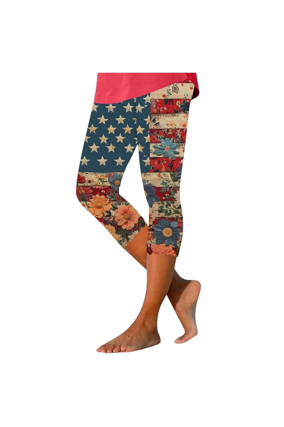4th of July Capri Leggings for Women Plus Size Summer High Waist Yoga Pants Independence Day Cropped Trousers Casual Compression Leggings Workout Capris Women Capris