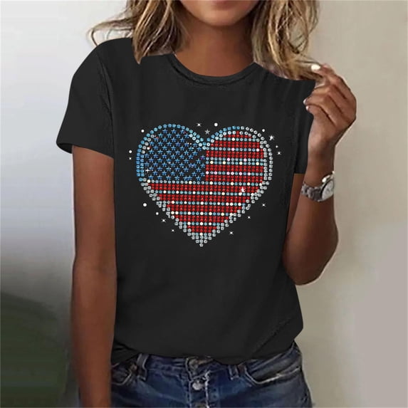 Xdegoge 4th of July Faux Rhinestone Flag Heart Graphic T Shirt for Women Short Sleeve Crewneck Patriotic USA Pride Summer Casual Loose Graphic Tees Tops