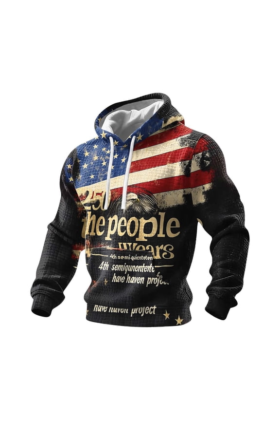 4th of July Patriotic Hoodie for Men American Flag Vintage USA Eagle Graphic Hooded Sweatshirt Long Sleeve Drawstring Pullover with Pocket Casual Loose Fit Independence Day Party Tops
