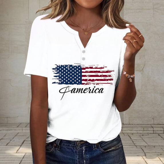Xdegoge 4th Of July Patriotic T Shirt for Women USA American Flag Short Sleeve Henley V Neck Distressed Stars And Stripes Summer Independence Day Holiday Festive Graphic Tops
