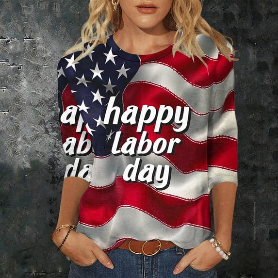 Xdegoge 4th of July Patriotic T Shirt for Women USA American Flag Three Quarter Sleeve Crewneck Stars And Stripes Happy Labor Day Graphic Print Breathable Summer Tops