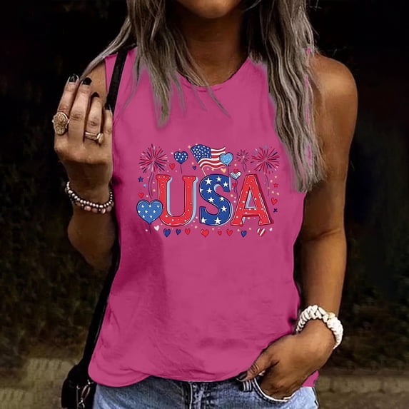 Xdegoge 4th of July Patriotic Tank Top for Women USA Letter Stars Heart Graphic Sleeveless Crewneck Casual Loose Fit Shirt Independence Day Summer Holiday Party Workout Basic Tops Shirts