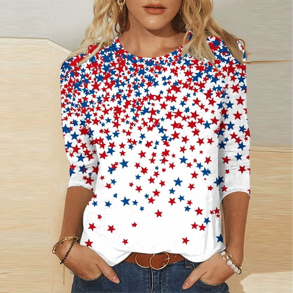 Xdegoge 4th of July Patriotic Tops for Women Red White and Blue Stars Print Blouse Three Quarter Sleeve Crewneck Casual Independence Day Summer Holiday Shirts Tees