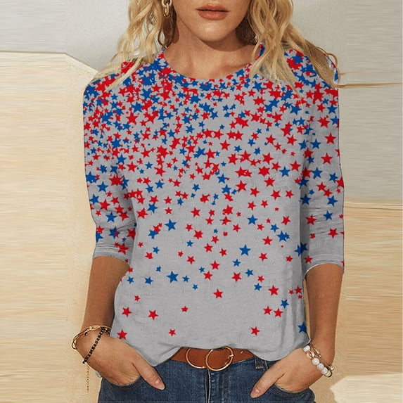 Xdegoge 4th of July Patriotic Tops for Women Red White and Blue Stars Print Blouse Three Quarter Sleeve Crewneck Casual Independence Day Summer Holiday Shirts Tees
