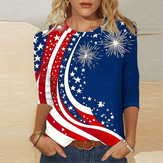 Xdegoge 4th of July Patriotic Tops for Women Red White and Blue Stars Print Blouse Three Quarter Sleeve Crewneck Casual Independence Day Summer Holiday Shirts Tees