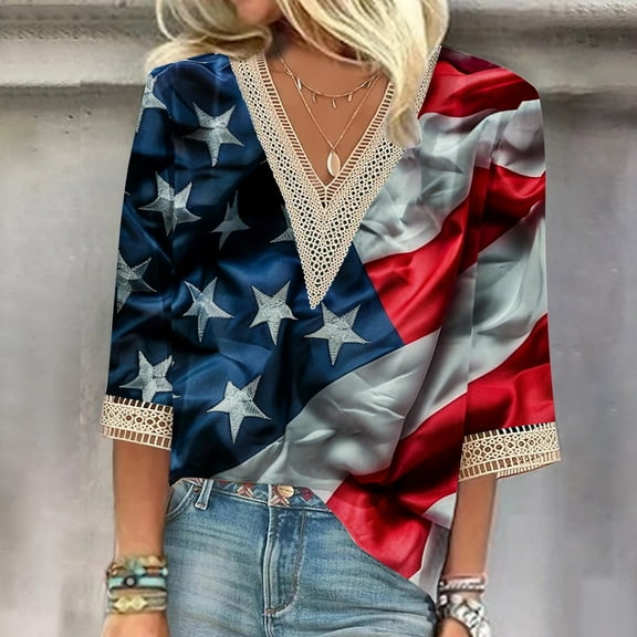Xdegoge 4th of July Shirts Women 3/4 Sleeve Tops Patriotic American Flag Shirt Star Graphic Striped Blouse Usa T Shirt Independence Day Womens Summer Tops Xxxxxl