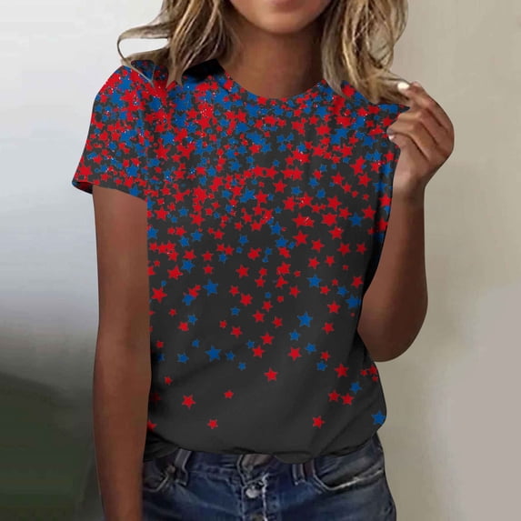 Xdegoge 4th Of July Tops for Women Patriotic Shirts USA American Flag Stars Print Crewneck Short Sleeve Casual Loose Fit Lightweight Summer Holiday Graphic Tees