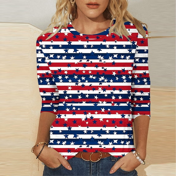 Xdegoge 4th Of July Tops for Women Patriotic Shirts USA American Flag Stars and Stripes Crewneck 3/4 Sleeve Casual Loose Fit Lightweight Summer Holiday Independence Day Graphic Tees