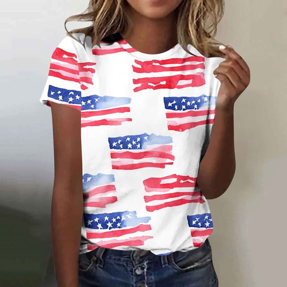 Xdegoge 4th Of July Tops for Women Patriotic Shirts USA American Flag Stars and Stripes Crewneck Short Sleeve Loose Fit Lightweight Summer Holiday Graphic Tees