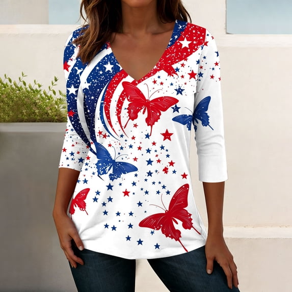 Xdegoge 4th Of July Tops for Women Patriotic Shirts USA American Flag Tropical Floral Print V Neck Three Quarter Sleeve Casual Loose Fit Summer Holiday Graphic Tees
