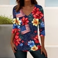 thumbnail image 1 of Xdegoge 4th Of July Tops for Women Patriotic Shirts USA American Flag Tropical Floral Print V Neck Three Quarter Sleeve Casual Loose Fit Summer Holiday Graphic Tees, 1 of 7