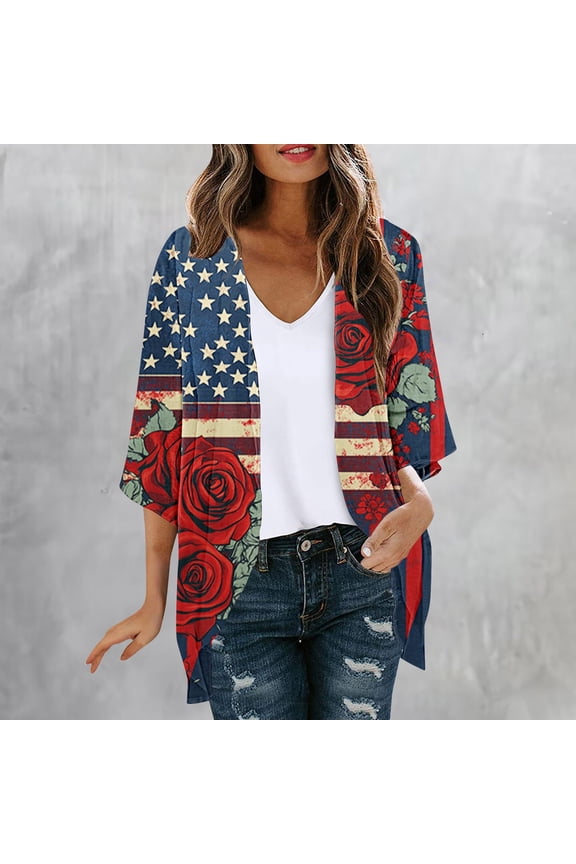4th of July USA Flag Kimono Cardigan for Women Navy Blue Butterfly Stars Graphic Open Front Lightweight Summer Beach Cover Up Patriotic Party Fashion Tops