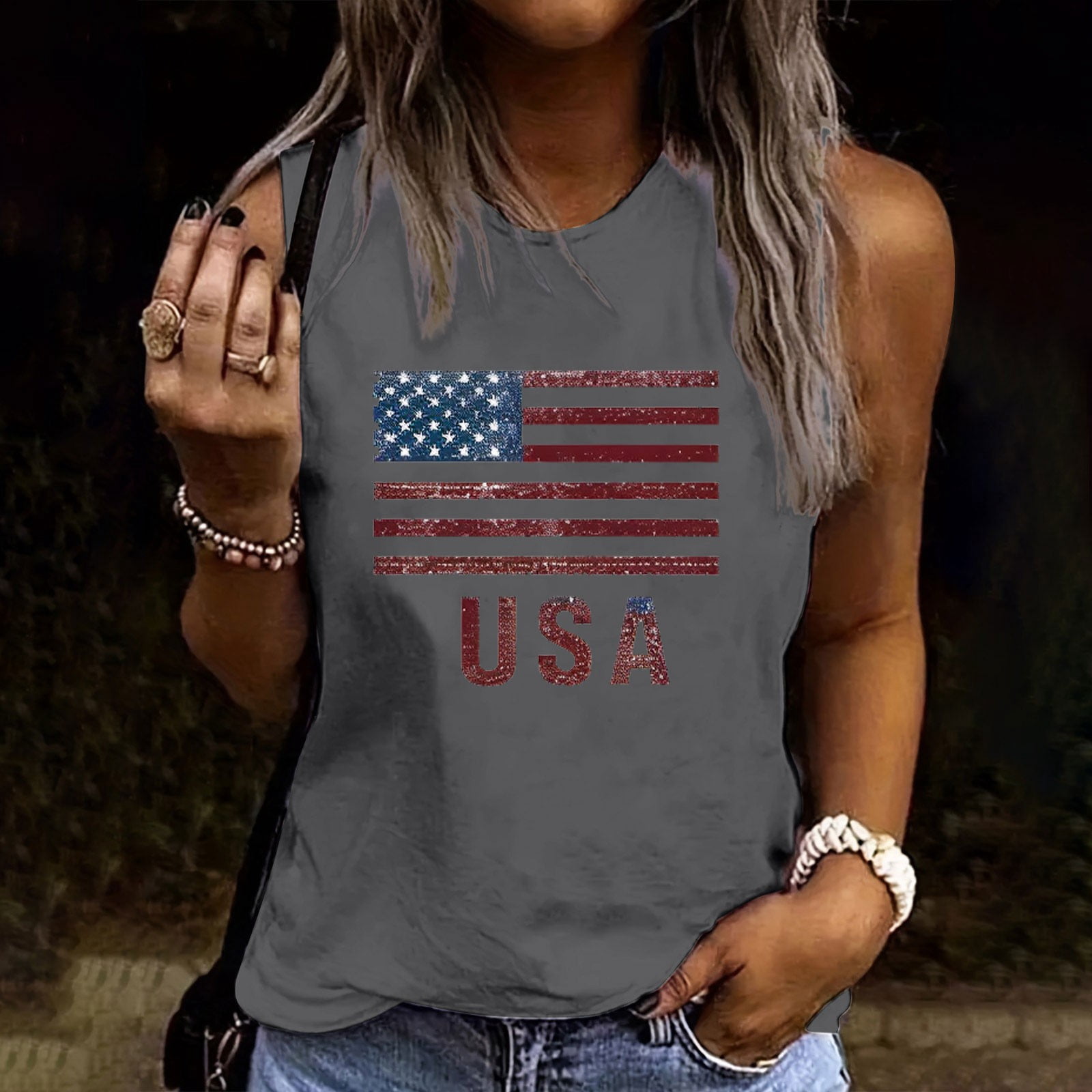 Xdegoge 4th of July USA Flag Tank Top for Women Retro Patriotic Graphic Sleeveless Round Neck Casual Summer Holiday American Pride Classic Sleeveless Shirt Tops Tees