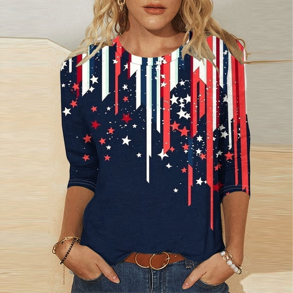 Xdegoge 4th of July Vintage American Flag Graphic T Shirt for Women Three Quarter Sleeve Crewneck Casual Fit Red White and Blue Independence Day Summer Shirts Tops