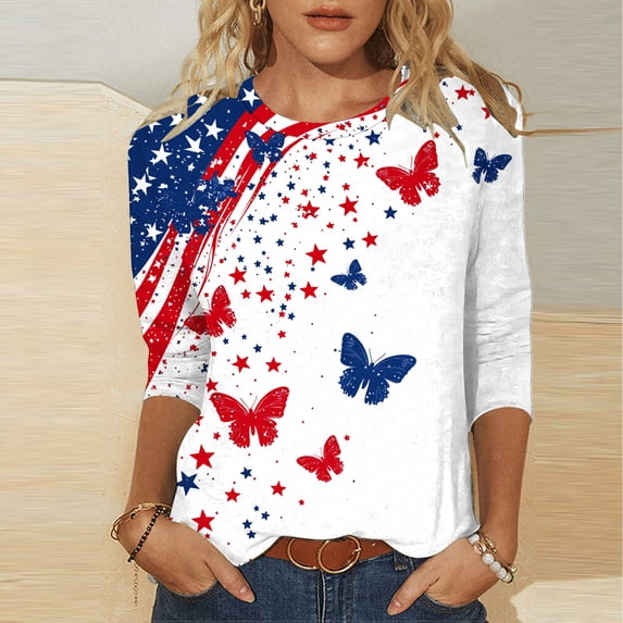Xdegoge 4th of July Vintage American Flag Graphic T Shirt for Women Three Quarter Sleeve Crewneck Casual Fit Red White and Blue Independence Day Summer Shirts Tops